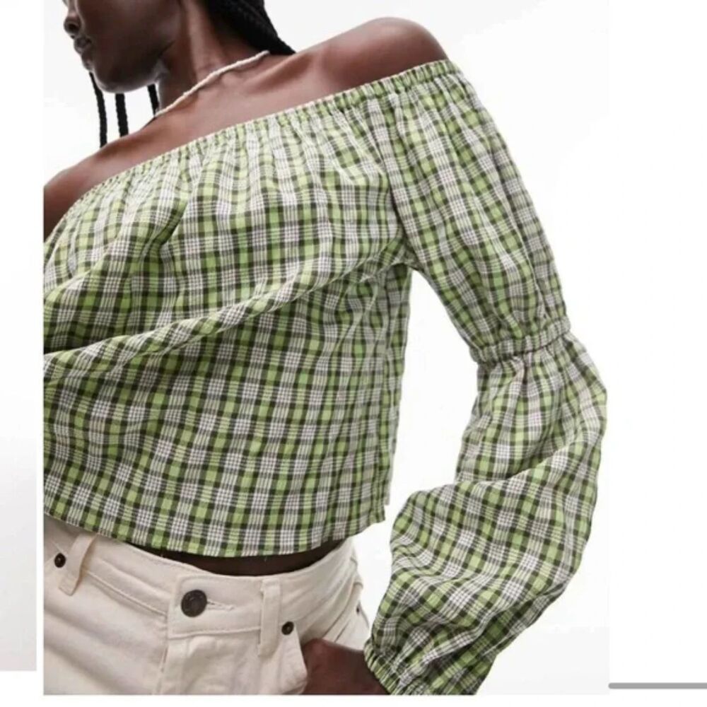 Topshop Green Plaid Off Shoulder Puff Sleeve Blouse Size US 4